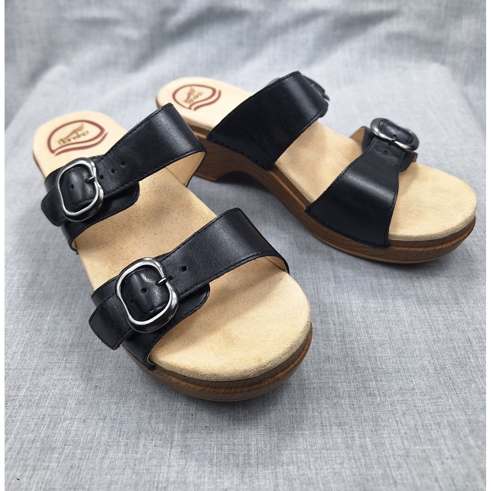 Dansko Black Leather Two Strap Buckle Slide Wedge Clog Sandals 37
